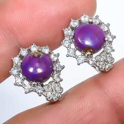 Copper Purple Turquoise, White Cz Silver Plated Earring 0.59" T79|Christmas Gift - Image 1 of 3