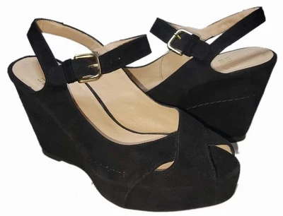 STUART WEITZMAN Womens 6 Med  Black TUROVER SUEDE WEDGE SANDAL SHOES - Image 1 of 4