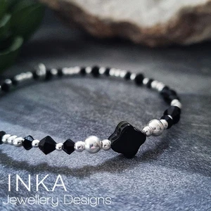Inka 925 Sterling Silver BLACK CLOVER beaded Stacking Bracelet by INKA - Picture 1 of 9