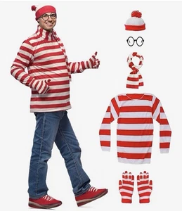 Where’s Waldo Costume Adult Medium Red & White Stripe Shirt Gloves Glasses Scarf - Picture 1 of 3