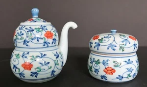 Vtg Chinese Arita Ware blue green & orange design ceramic sugar bowl & creamer - Picture 1 of 12