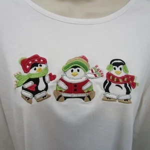 Links Weihnachten bestickt Pinguine weiß T-Shirt Top Gr. Large Langarm - Bild 1 von 6