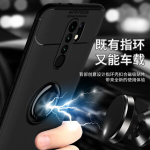 For Xiaomi Redmi 9, 3in1 Shockproof Soft Armor Metal Ring Car Holder Case +glass