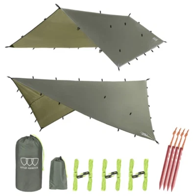 GOLD ARMOUR Rainfly Tarp Hammock, Waterproof Ultralight Camping Shelter, 12x10ft OD Green