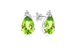 1.9 Ct Peridot & Diamond 10K Solid White Gold Stud Earrings Pear Cut Gemstone - Picture 1 of 3