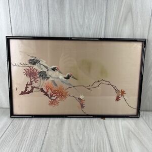 Vintage Silk Embroidery Art Panel Cranes Floral Branch Framed *Needs Restoration