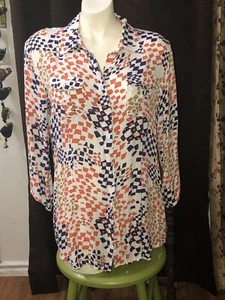 Hemd Cabi M dunkelblau orange geometrisches Muster 3/4 Arm Knopfleiste - Bild 1 von 4