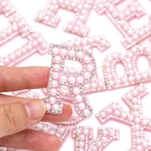 1Pcs Pink Bottom Pearl Letter Patches English Alphabet Rhinestone Patch Applique - Picture 1 of 54