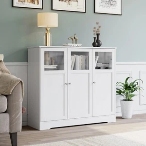  Homfa White Accent Cabinet, 37.4'' Tall Storage Sideboard Cabinet 3 Glass Doors - Picture 1 of 9
