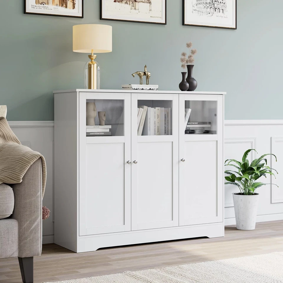  Homfa Armario Acento Blanco, 37.4'' Alto Armario Aparador de Almacenamiento 3 Puertas de Vidrio Foto 1 de 4