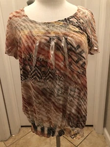 Chico Blouse Size 2 Burnout Animal Print Zebra Pattern Multi Gold Orange Black Q - Picture 1 of 5