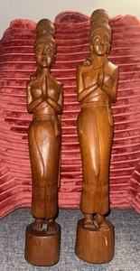 Vtg Hand Carved Teak Wood Sawasdee Women Greeter Statues 20" tall - Picture 1 of 11