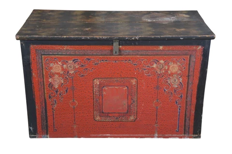 Antique 19th Century Large Tibetan Hand Painted Wood Storage Trunk Chest 80" Cover