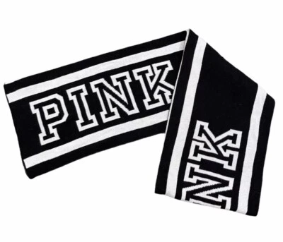 Victoria Secret VS 粉色冬季围巾棉混纺黑色/白色标志 64x8 全新无标签 — 第 1/2 张图片