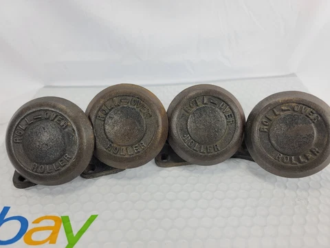 Rare Set of 4 Antique Cast Iron Roll-Over Creeper/Swivel Industrial Casters Cover