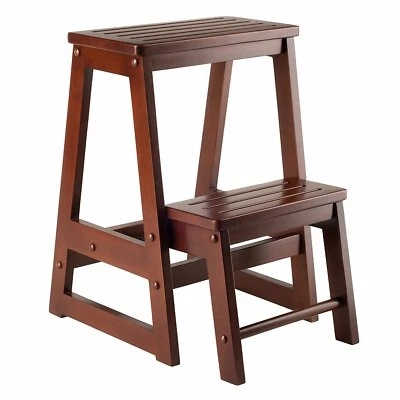 Walnut Wooden Folding Step Stool Seat 2 Tier Platform Ladder Kitchen Office Home - Image 1 of 4