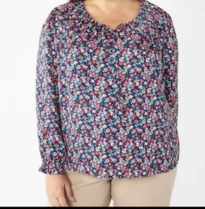 Übergröße 3X Croft & Barrow Rüschenausschnitt Bluse marineblau Blumenmuster neu mit Etikett - Bild 1 von 7