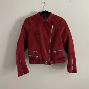 Zara TRF Outerwear Women M Red Faux Suede Edgy Grunge Biker Moto Jacket - Picture 1 of 9