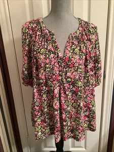 Crown & Ivy Peasant Blouse Womens Plus 1X Pink Floral Short Sleeve - Picture 1 of 12