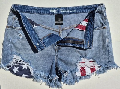 Шорты с высокой талией Mossimo искусственно состаренная джинсовая ткань с карманами с американским флагом размер 14/32 - Изображение 1 из 4