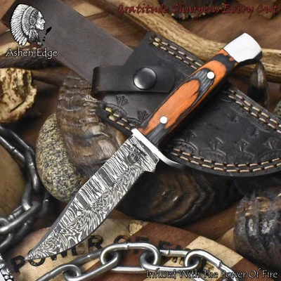 Cuchillo desollador forjado Ashen Edge Twist Damasco madera dura acero protector exterior Foto 1 de 4