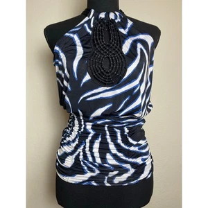 XOXO Women's VTG Y2K Zebra Beaded Back Tie Feminine Stretch Silky Chic Top S - Picture 1 of 12