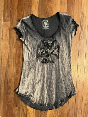 Camiseta Y2K Terciopelo Piedra Bordada Tachonada Cruz Gótica Gris Mujer Talla M Grunge Foto 1 de 4