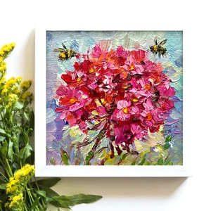 Pintura Hortensia Abeja Miel Arte Floral Arte Pequeño Arte Original Obra de Arte al Óleo 4x4 pulgadas así - Imagen 1 de 8
