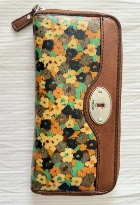 FOSSIL Keyper Canvas Tarjetero Monedero Floral Marrón Cremallera Waller 7.5"x3.5" Foto 1 de 4