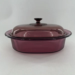 Vintage Corning Ware Cranberry Vision 4 Qt Ribbed Casserole Roaster & Pyrex Lid - Picture 1 of 18