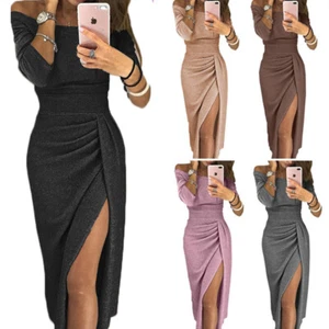 Womens Dress Off Shoulder Long Maxi Formal Dresses Evening Party Ladies Glitter - Picture 1 of 22