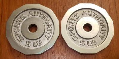 Pair of Chrome 5lb Sports Authority Standard Size barbell weight plates RARE - Image 1 of 4