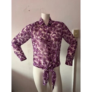 Banana Republic purple white floral sheer button down tie front romantic top 6 - Picture 1 of 6