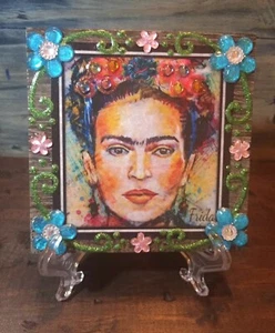 Frida Kahlo Altered Art on Synthetic Wood 4X4 Tile Day of the Dead Nice - Picture 1 of 9