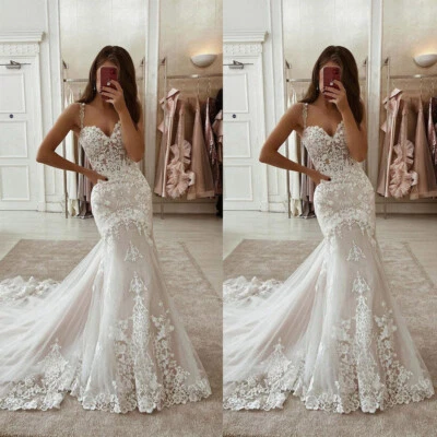 Mermaid Wedding Dresses Spaghetti Straps Lace Appliques Sleeveless Bridal Gowns - Image 1 of 4