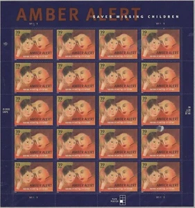 Amber Alert 39 Cent Stamp Sheet of 20, Scott 4031. Mint Never Hinged-OG - Picture 1 of 1