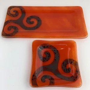 Handblown Glass Art Deco Trinket Trays Set of 2 Modern Bright Orange - Picture 1 of 9