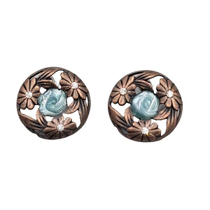 Pendientes Perforados Flores Redondas Estrás Esmalte Azul Tono Bronce Gota 1 pulgada - Imagen 1 de 7