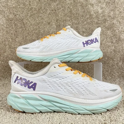 Zapatillas cómodas Hoka Clifton 8 para mujer talla 9B blancas amarillas verde azulado Foto 1 de 4