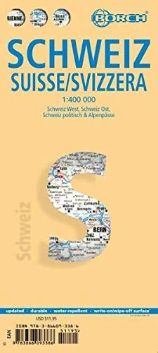 LAMINATED SWITZERLAND MAP BY BORCH (ENGLISH, SPANISH, **BRAND NEW** - Image 1 of 1