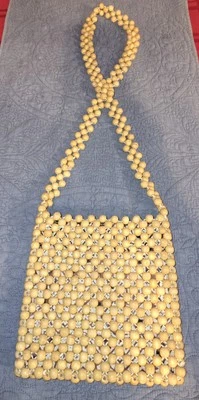 Vintage Round Wooden Bead Crossbody Bag with Brown & White Liner Beautiful & Fun - Image 1 of 4