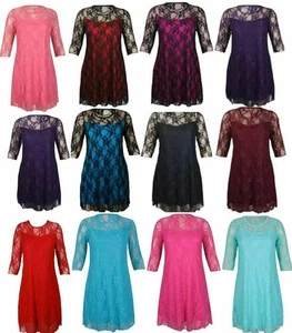 Women's Plus Size Floral Lace Detail Party Dress Ladies 3/4 Sleeve Dress 14-32 - Picture 1 of 8