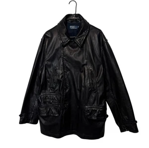 Polo Ralph Lauren Leather Jacket Mens XL Black Double Breasted Peacoat Car Coat - Picture 1 of 14