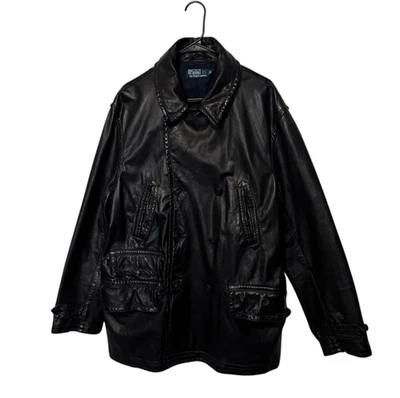 Polo Ralph Lauren Leather Jacket Mens XL Black Double Breasted Peacoat Car Coat - Image 1 of 4