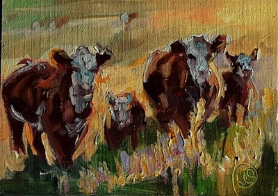 Vacas #109, pintura al óleo original ACEO "Luz de otoño" ATC por Lee Ellen Smith Foto 1 de 3