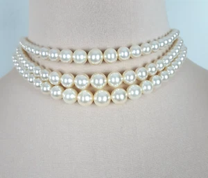 Vintage Crown Trifari Faux Pearl Choker Necklace Graduated 3 Strand Cream Signed - Picture 1 of 12