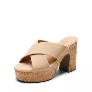 Women Chic Side Sandals Platform High Chunky Block Slip On Summer Walking Sandal - Picture 1 of 22