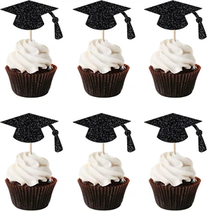 24Pcs Graduation Cupcake Topper - Black Glitter Graduation Cap Graduation Diplom - Picture 1 of 5