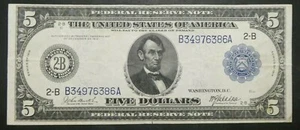 1914 $5 Five Dollars Blue Seal Large Size Federal Reserve Note Bill Currency - Picture 1 of 3