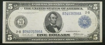 1914 $5 Five Dollars Blue Seal Large Size Federal Reserve Note Bill Currency  - Image 1 of 3
